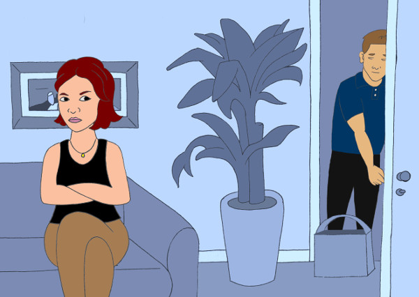 Benji arrives home. April is still on the couch, upset.